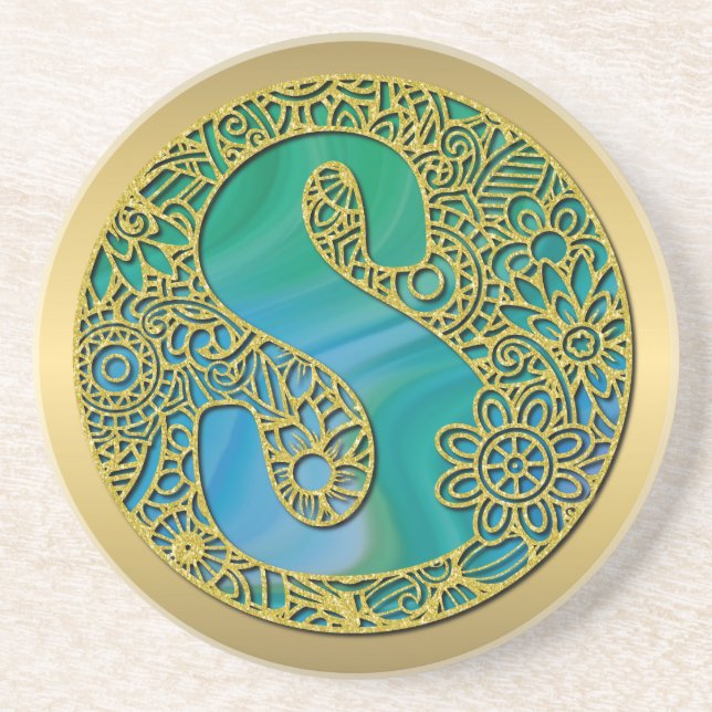 Modern Monogram Initial Gold Letter and Turquoise Coaster (Front)