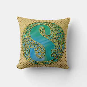 Modern Monogram Initial Gold Letter and Turquoise Cushion