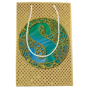 Modern Monogram Initial Gold Letter and Turquoise Medium Gift Bag