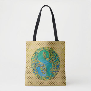 Modern Monogram Initial Gold Letter and Turquoise Tote Bag