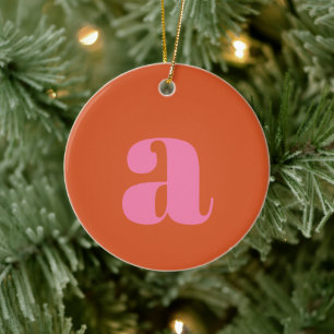 Modern Monogram Initial Letter Pink Burnt Orange Ceramic Tree Decoration