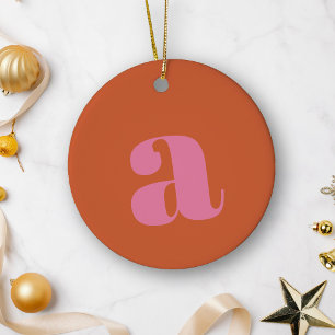 Modern Monogram Initial Letter Pink Burnt Orange Ceramic Tree Decoration