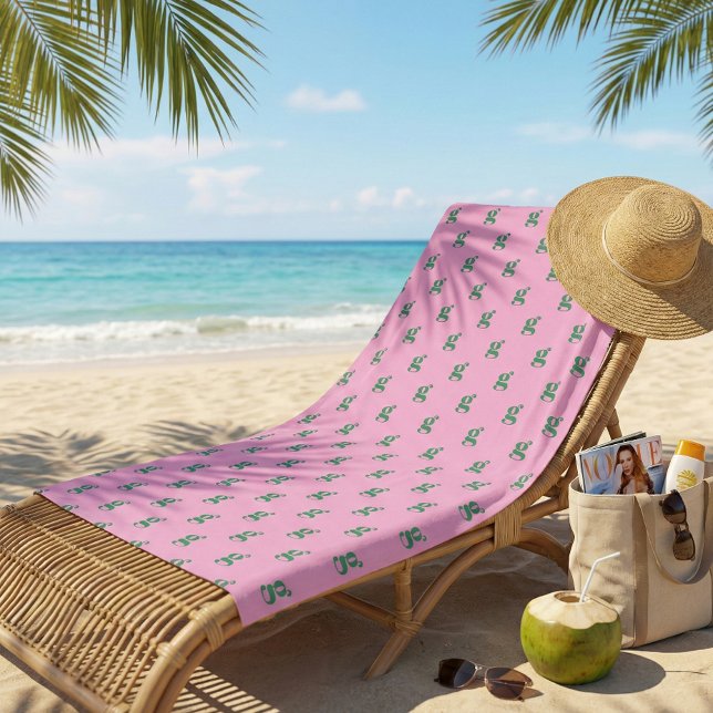 Modern Monogram Initial Letter Pink Green Pattern Beach Towel (Creator Uploaded)
