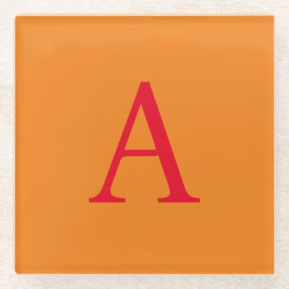 Modern Monogram Initial Letter Trendy Orange Red Glass Coaster