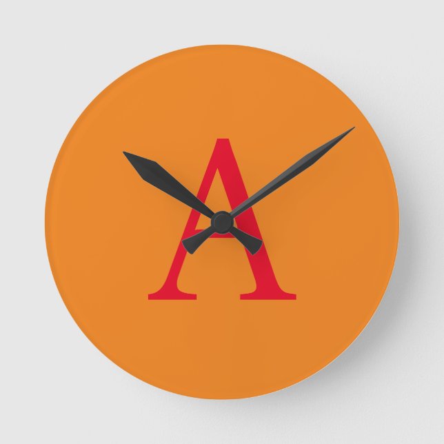 Modern Monogram Initial Letter Trendy Orange Red Round Clock (Front)