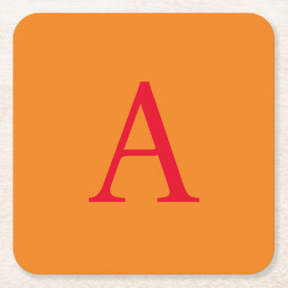 Modern Monogram Initial Letter Trendy Orange Red Square Paper Coaster
