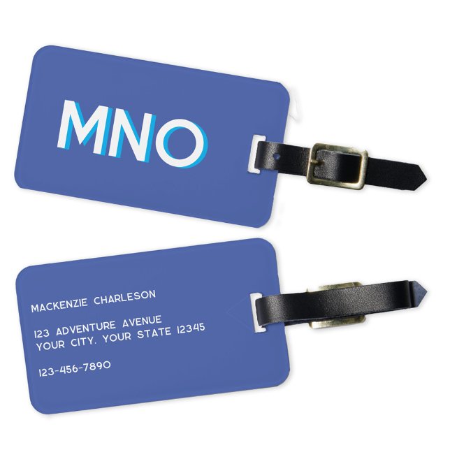 Modern Monogram Initial Luggage Tag (Simple personalized monogram drop shadow blue luggage tag)