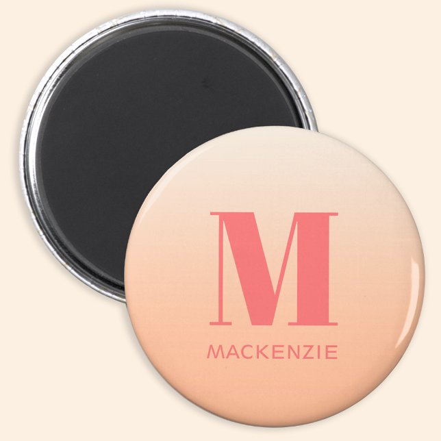 Modern Monogram Initial Name Peach Gradient Magnet (Modern peach gradient monogram name initial personalized magnet)