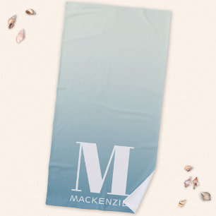Modern Monogram Initial Name Teal Aqua Gradient Beach Towel