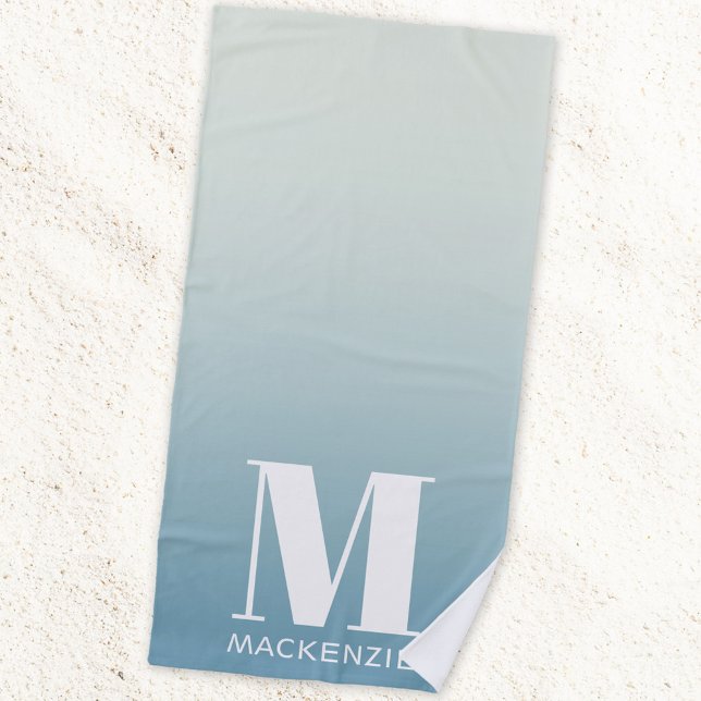 Modern Monogram Initial Name Teal Aqua Gradient Beach Towel (Modern monogram initial name personalized aqua teal blue green gradient beach towel)