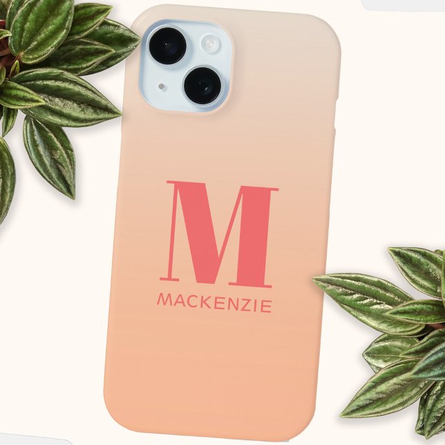Modern Monogram Initial Name Teal Aqua Gradient Case-Mate iPhone Case (Peach gradient modern monogram initial name personalized cell phone case)