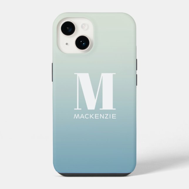Modern Monogram Initial Name Teal Aqua Gradient iPhone Case (Back)