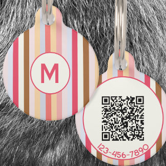 Modern Monogram Initial Pastel Stripe QR Code Pet Tag