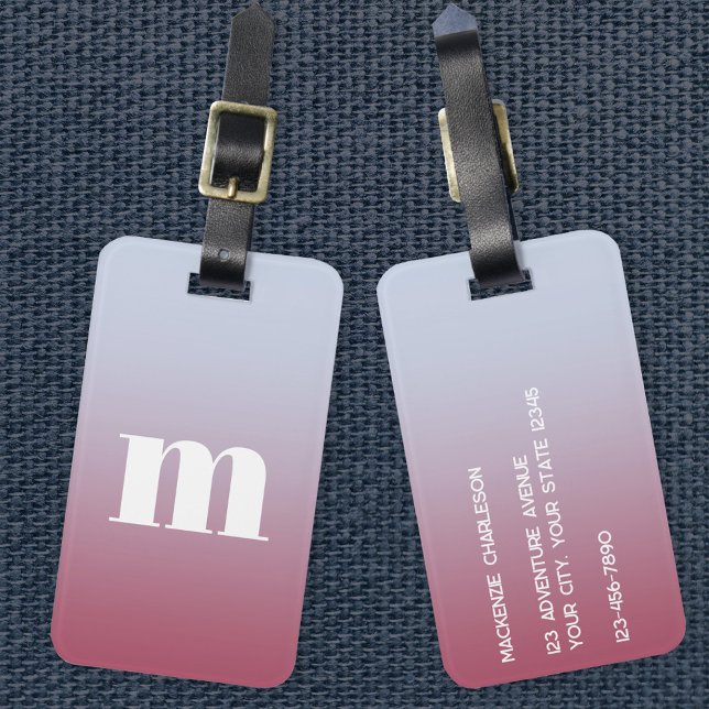 Modern Monogram Initial Pink Blue Gradient Luggage Tag (Simple modern monogram personalized raspberry pink to pale blue gradient luggage tag)