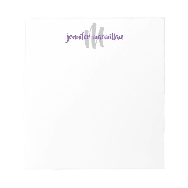 Modern Monogram Initial, Purple-Grey Personalised Notepad (Front)
