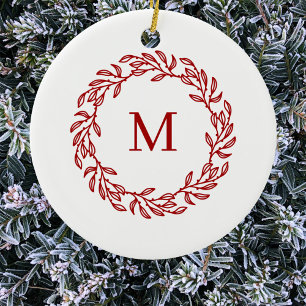 Modern Monogram Initial Red Leaf and Berry Wreath Ceramic Tree Decoration
