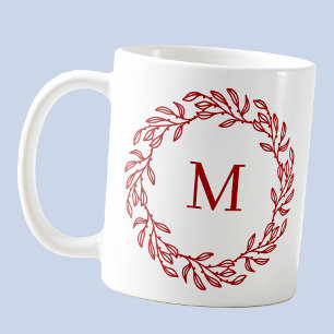 Modern Monogram Initial Red Leaf and Berry Wreath Coffee Mug