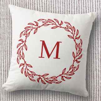 Modern Monogram Initial Red Leaf and Berry Wreath Cushion