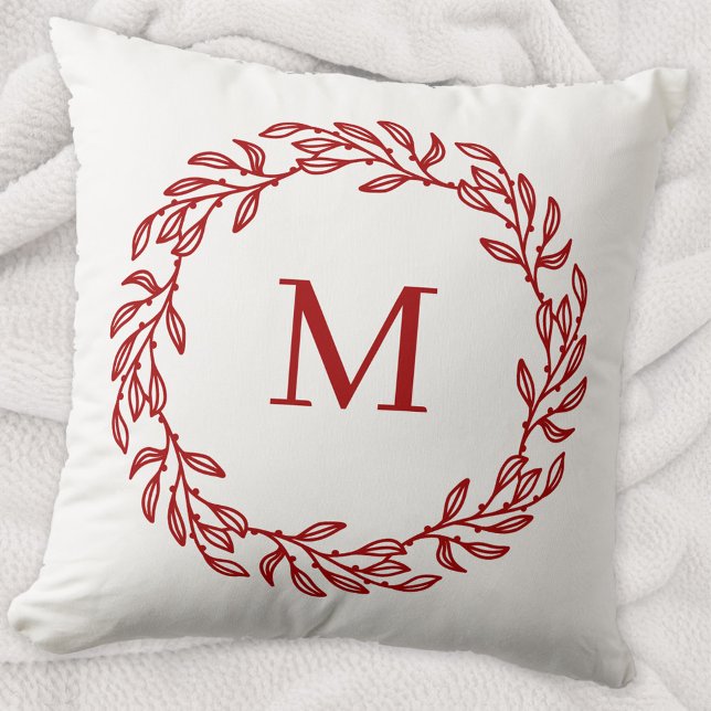 Modern Monogram Initial Red Leaf and Berry Wreath Cushion (Modern monogram initial red and white leafy botanical wreath throw pillow)