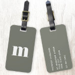 Modern Monogram Initial Sage Green Luggage Tag<br><div class="desc">Modern lower case typography minimalist monogram initial design which can be changed to personalise,  along with the details on the reverse. White on a sage green background.</div>