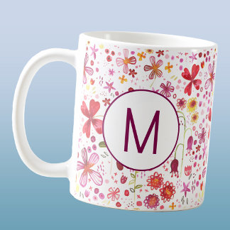 Modern Monogram Initial Wildflower Watercolor Coffee Mug