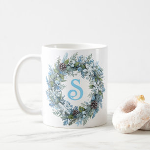 Modern Monogram Initial Winter Wreath Coffee Mug