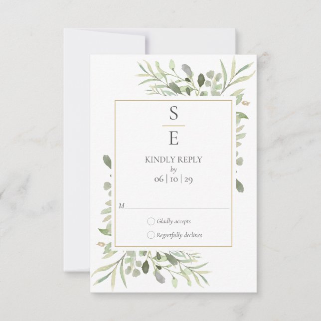 Modern Monogram Initials Greenery Wedding RSVP Card (Front)