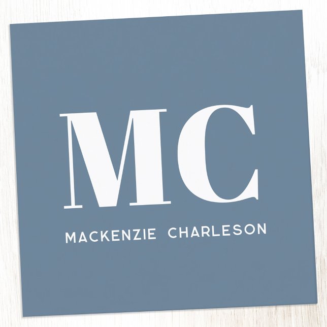 Modern Monogram Initials Name Dusty Blue Grey Square Business Card (Simple minimalist monogram initial dusty blue gray professional business card)