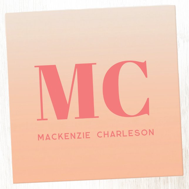 Modern Monogram Initials Name Peach Gradient Square Business Card (Minimalist initials personalized peach gradient square business card with editable text)