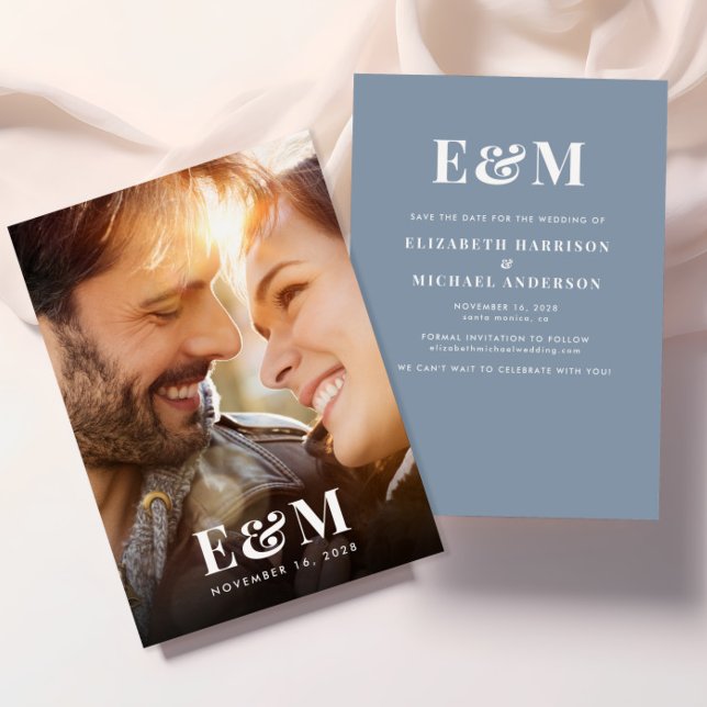 Modern Monogram Initials Photo Dusty Blue Save The Date (Creator Uploaded)