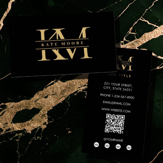 Modern Monogram Initials Professional Black Gold Business Card (Modern Monogram Initials Professional Black Gold Business Card)