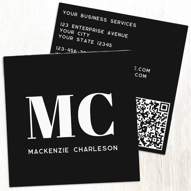 Modern Monogram Initials QR Code Black White Square Business Card (Black and white elegant minimalist monogram initial QR code professional square business card)