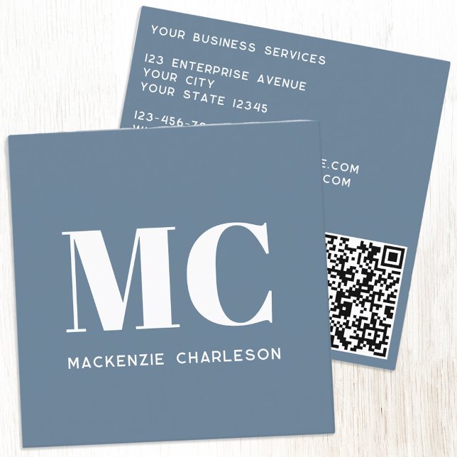 Modern Monogram Initials QR Code Dusty Blue Grey Square Business Card (Minimalist monogram initials QR code dusty blue gray professional square business card)