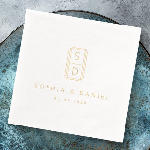Modern monogram initials wedding white foil napkins