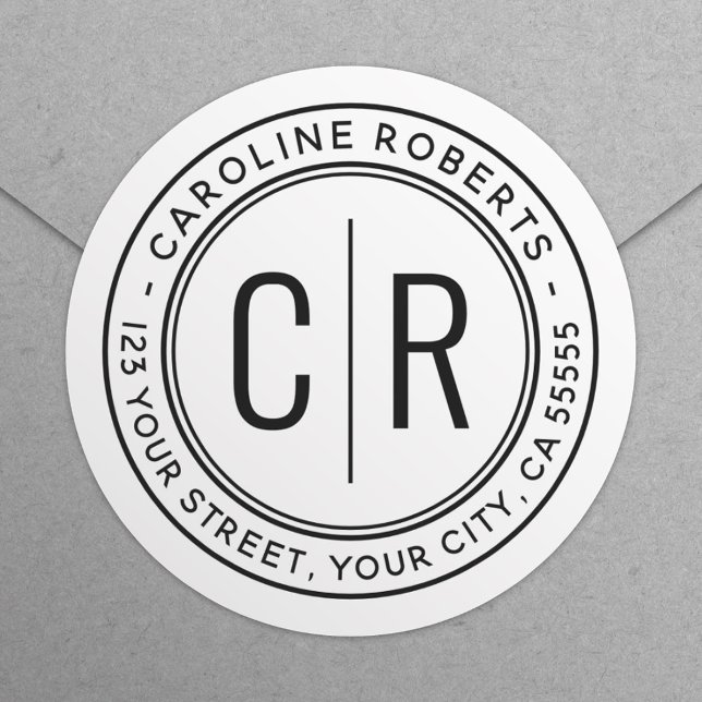 Modern monogram initials white return address classic round sticker (Creator Uploaded)