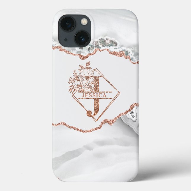 Modern Monogram J White Agate Marble Rose Gold  Case-Mate iPhone Case (Back)