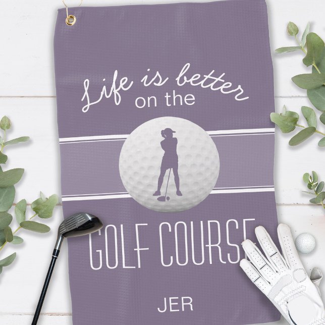 Modern Monogram Lady Golfer Life is Better Purple Golf Towel (Creator Uploaded)
