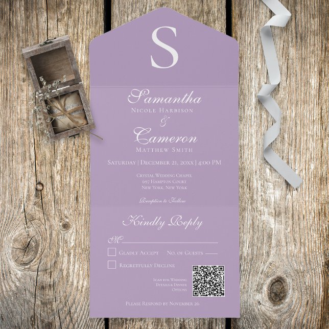 Modern Monogram Lavender Purple QR Code All In One Invitation (Creator Uploaded)