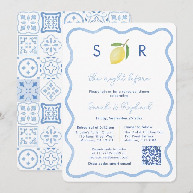 Modern Monogram Lemon Wedding Rehearsal Dinner Invitation (Front/Back)