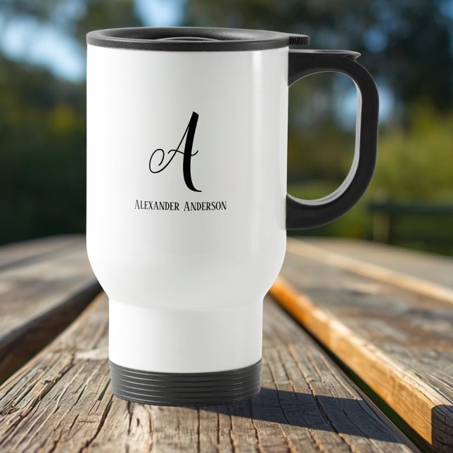 Modern Monogram letter and full name Travel Mug (Modern Monogram letter and full name Travel Mug - Black and white)