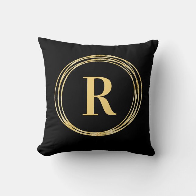 Modern Monogram Letter Initial Black Gold Circles Cushion (Front)