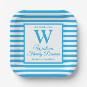 Modern Monogram Light Blue Stripes Family Reunion Paper Plate