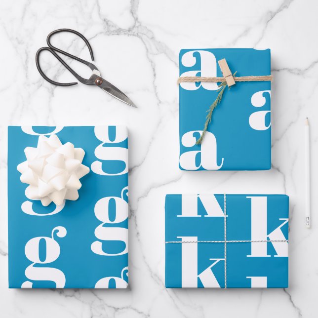 Modern monogram light blue white custom initial wrapping paper sheet (Front)