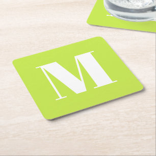 Modern monogram lime green custom initial letter square paper coaster