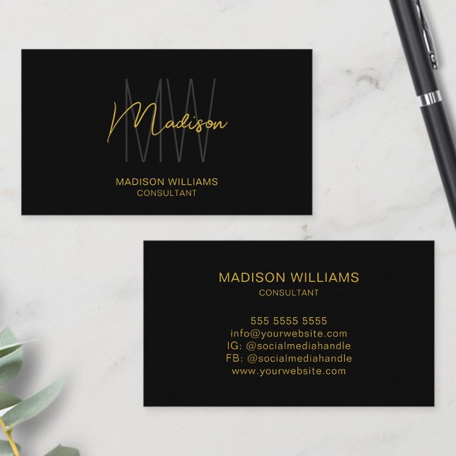 Modern Monogram Logo Black Gold Consultant Business Card (Modern Monogram Logo Black Gold Consultant Business Card)