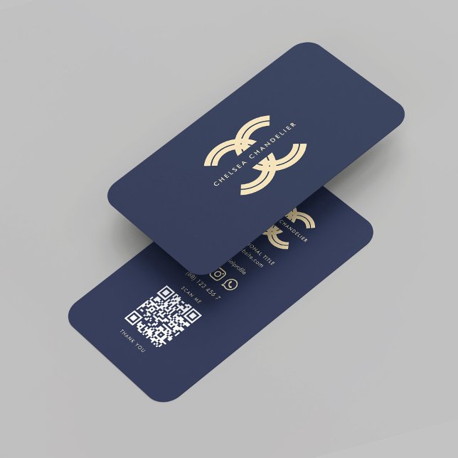 Modern Monogram Logo C Initial Dark Blue Gold Business Card (Modern Monogram Initial Reversed C Elegant Professional Logo Dark blue Gold QR code Business Card)