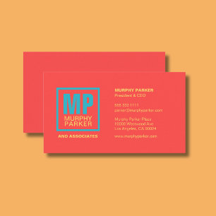 Modern Monogram Logo Coral Red Teal Yellow Business Card