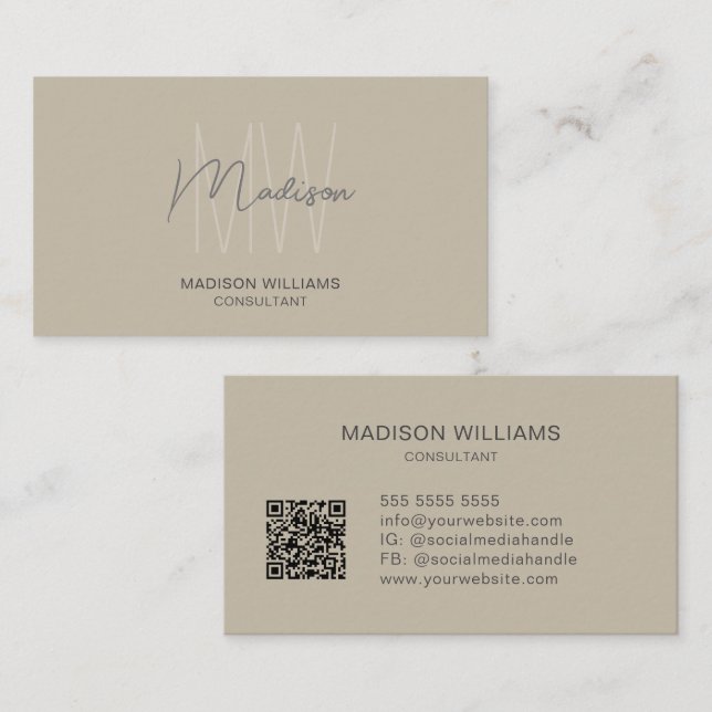 Modern Monogram Logo QR Code Beige Consultant Business Card (Front/Back)