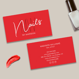 Modern Monogram Logo Red Nail Artist Business Card