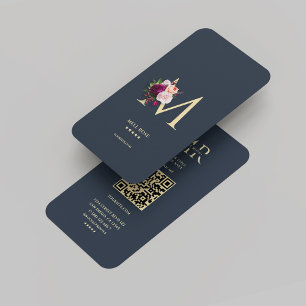 Modern Monogram M Floral Dark Blue Gold Business Card